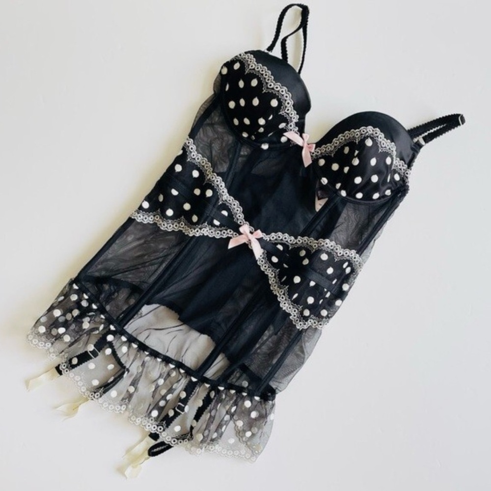 🆕 VICTORIA’S SECRET Black Bustier Corset Polka Dots Garters NWT Size 36D - Picture 7 of 16